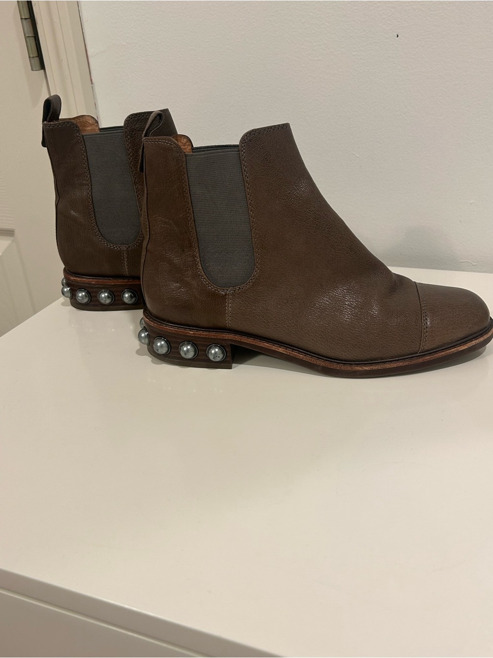Brown Leather Chelsea Booties with silver Pearl Heel Detail